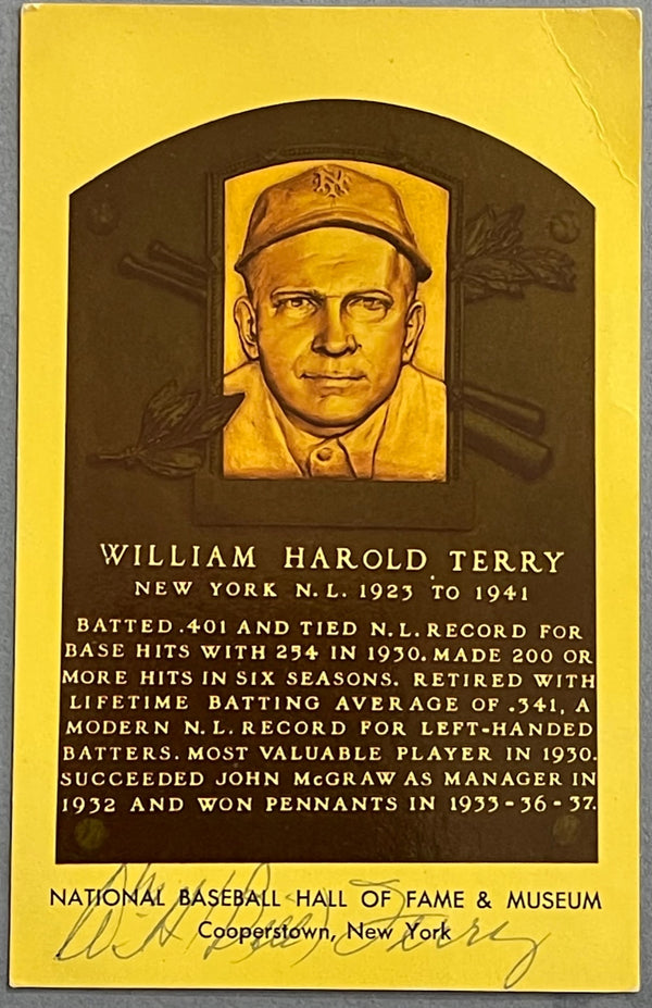 WH Bill Terry Autographed Hall of Fame Plaque Postcard