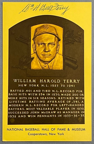 WH Bill Terry Autographed Hall of Fame Plaque Postcard