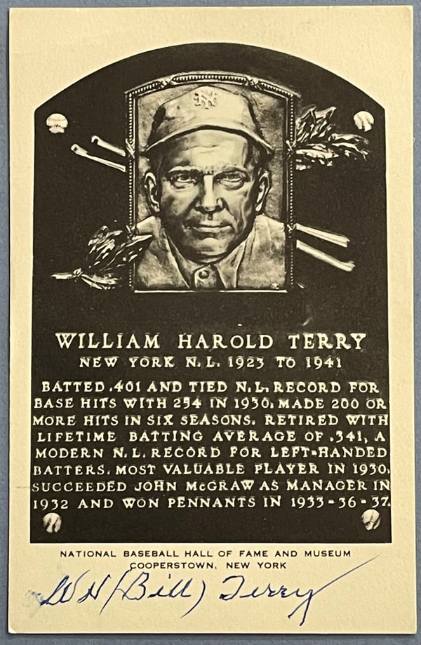 WH Bill Terry Autographed Hall of Fame Plaque Postcard