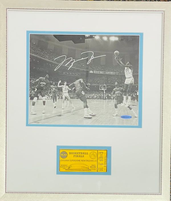 Michael Jordan Autographed Framed 8x10 Photo w/ 1982 NCAA Ticket (UDA)