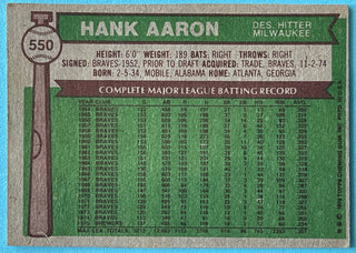 Hank Aaron 1976 Topps Card #550