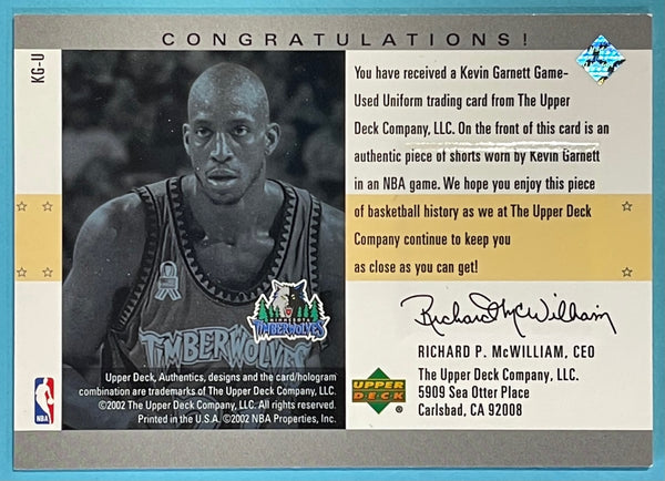 Kevin Garnett 2002 Upper Deck Authentics Uniform Greatness Game-Used Jersey