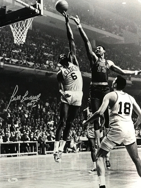 Bill Russell Autographed Blocking Chamberlain 16x20 Photo