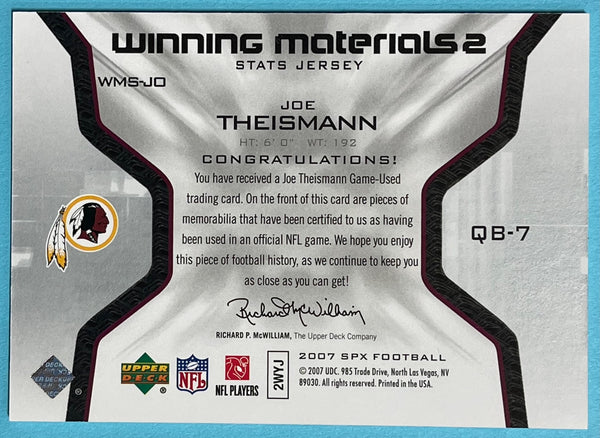 Joe Theismann 2007 Upper Deck Spx Game Used Jersey Card #WMS-JO