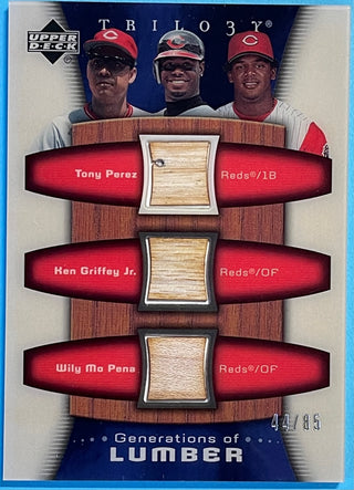 Tony Perez Ken Griffey Jr Willy Mo Pena 2004 Upper Deck Game-Used Bat Card