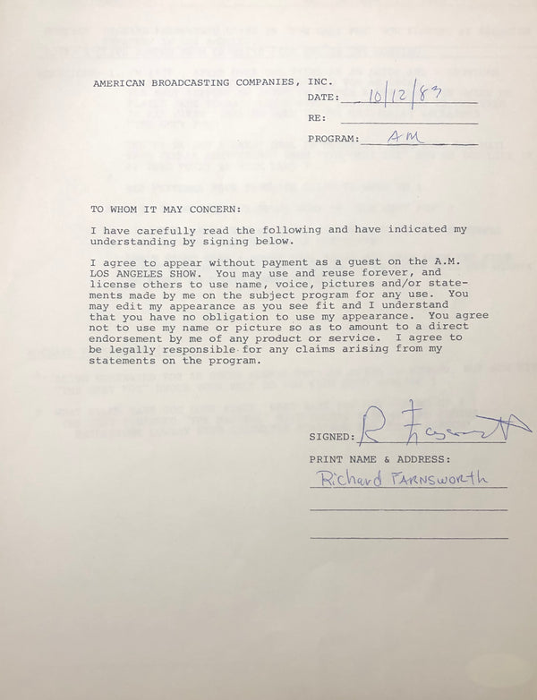 Richard Farnsworth Autographed Contract (JSA)