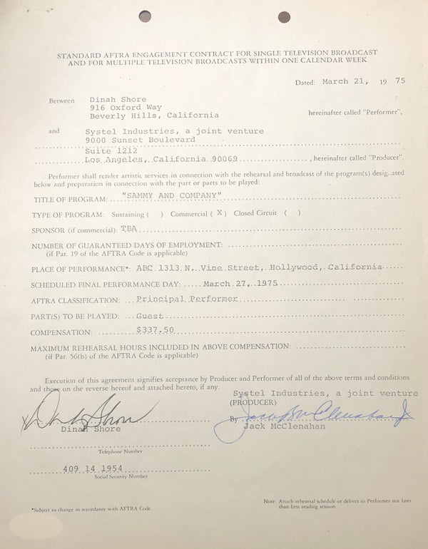 Dinah Shore Autographed Contract (JSA)