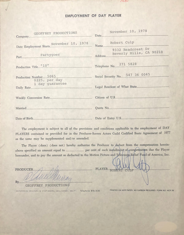 Robert Culp Autographed Contract (JSA)