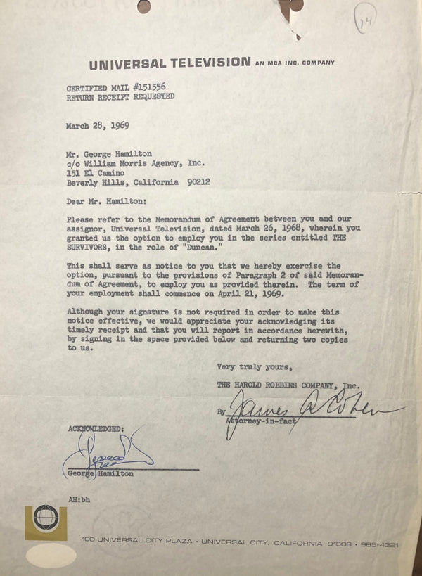 George Hamilton Autographed Contract (JSA)