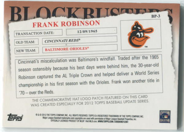 2012 Topps Blockbusters #BP-3 Frank Robinson Patch Card