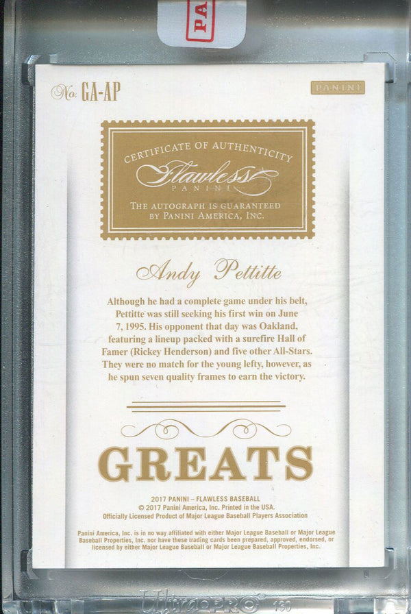 Andy Pettitte Autographed 2017 Panini Flawless Greats Card  Back