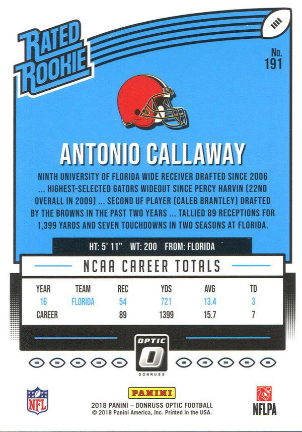 Antonio Callaway 2018 Panini Optic Rookie Card Back