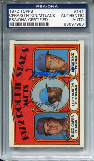 Buzz Capra Leroy Stanton And Jon Matlack Autographed 1972 Topps Card (PSA)