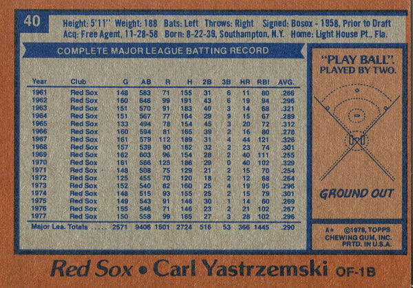 Carl Yastrzemski 1978 Topps Card #40