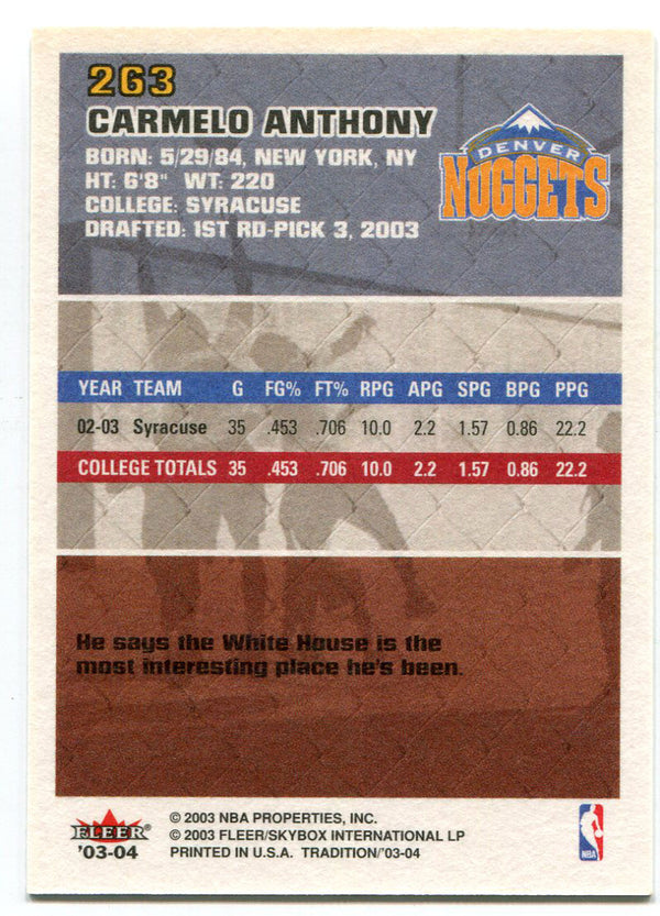 Carmelo Anthony 2003-04 Fleer #263 Tradition Rookie Card