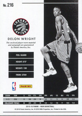 Delon Wright Autographed 2015-16 Panini Noir Rookie Jersey Card Back