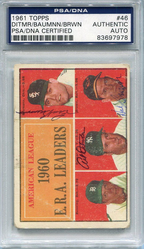 Art Ditmar, Jim Bunning, Hal Brown and Frank Baumann Autographed 1961 AL ERA Leaders (PSA)