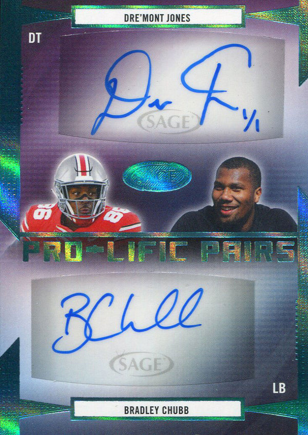 Bradly Chubb & Dre'Mont Jones Autographed 2019 Sage Prolific Pairs Rookie Card