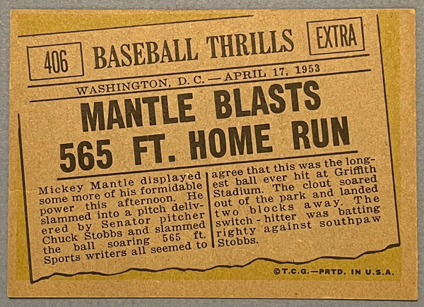 Mickey Mantle 1961 Topps Baseball Card #406 Mantle Blasts 565 FT. Home Run