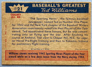 Ted Williams 1959 Fleer Baseball Card #21 1943 Honors for Williams