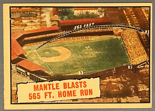 Mickey Mantle 1961 Topps Baseball Card #406 Mantle Blasts 565 FT. Home Run