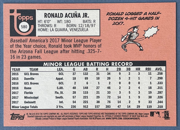 Ronald Acuna Jr. 2018 Topps Heritage Rookie Card #580