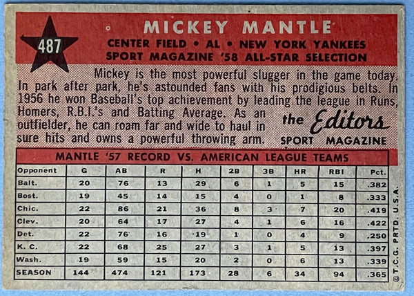 Mickey Mantle 1958 Topps All Star baseball Card #487