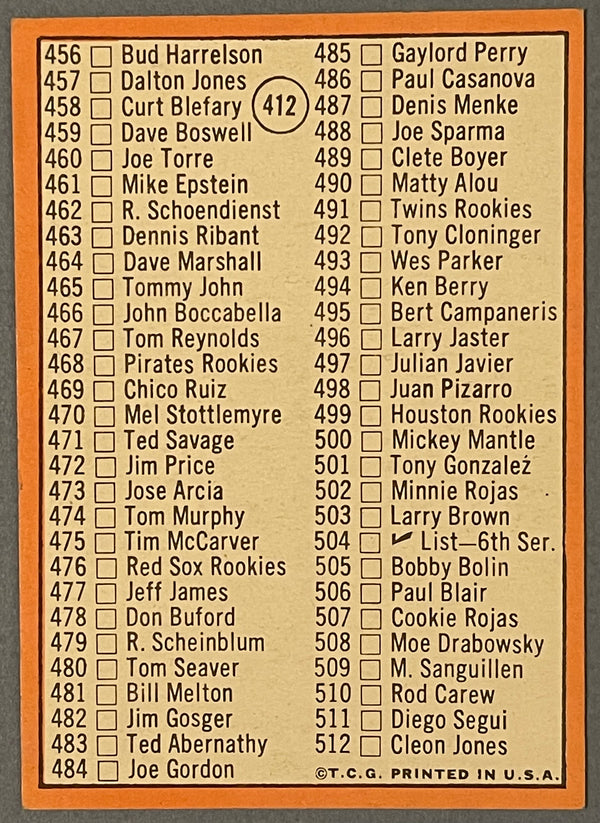 Mickey Mantle 1969 Topps Baseball Card #412 Mickey Mantle Checklist Unmarked