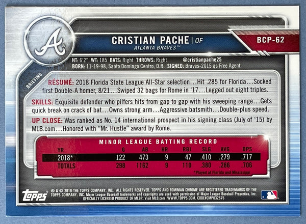 Cristian Pache 2019 Bowman Chrome Prospects Rookie Card #BCP-62