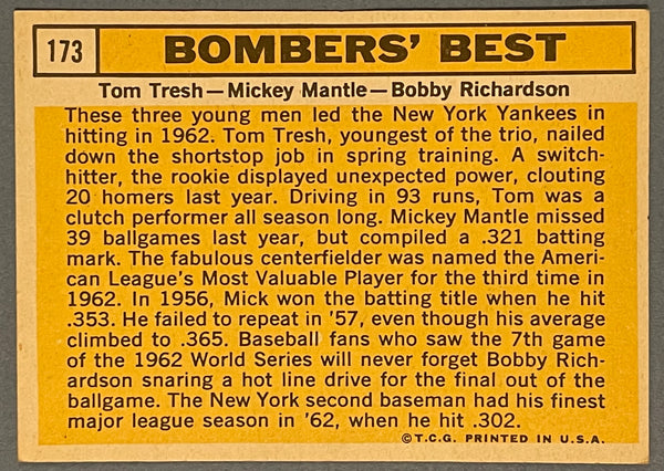 Mickey Mantle 1963 Topps Baseball Card #173 Bombers Best Tresh Mantle Richardson