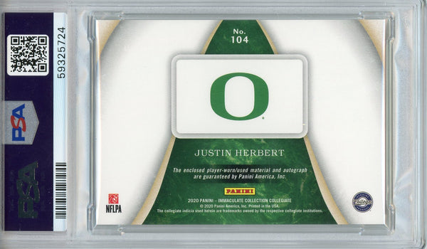 Justin Herbert Autographed 2020 Panini Immaculate Collegiate Team Slogan Emerald Rookie Gold Card #104 (PSA NM-MT 8)