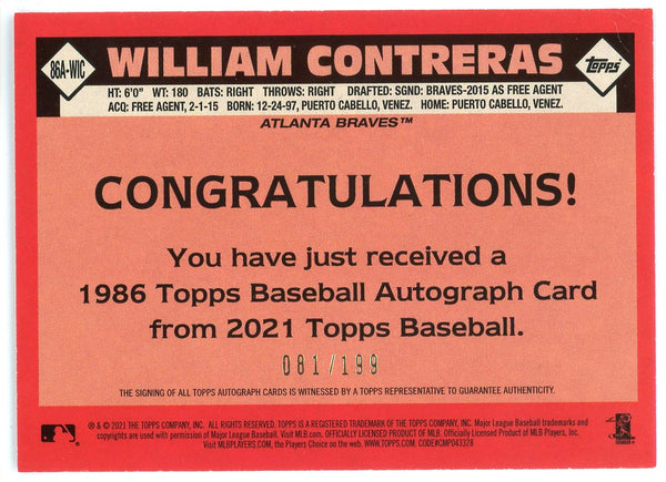 William Contreras Autographed 2021 Topps Rookie Card #86A-WIC