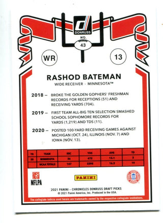 Rashod Batemon 2021 Panini Chronicles Donruss Draft Picks #43 RC