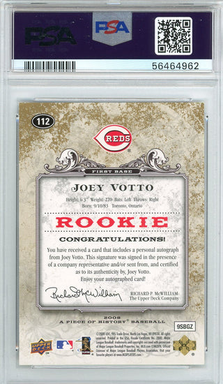 Joey Votto Autographed 2008 Upper Deck Piece of History Rookie Card #112 (PSA Auto 10)