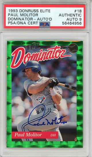 Paul Molitor Autographed 1993 Donruss Elite Dominator Card #18 (PSA Auto 9)