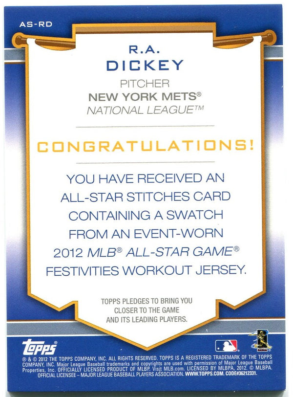 RA Dickey Topps 2012 All Star Game jersey Card