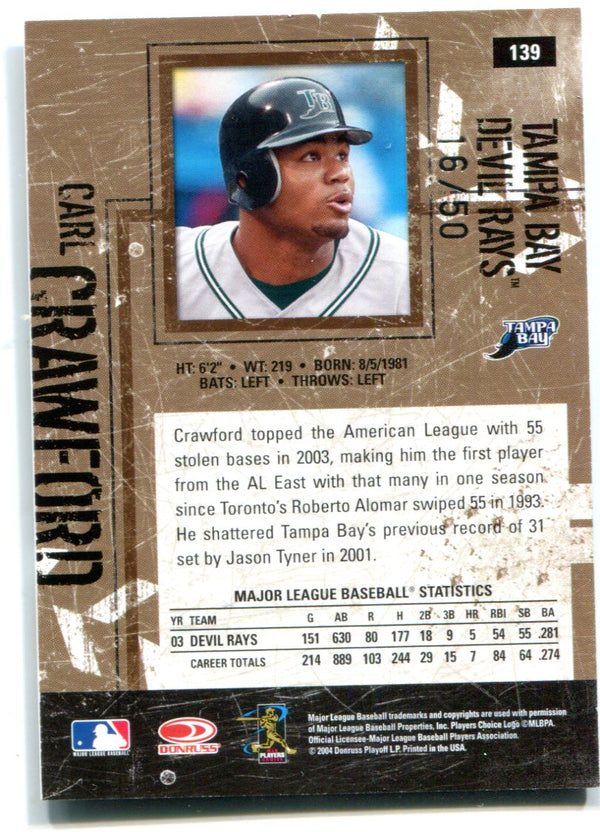 Carl Crawford 2004 Donruss Leather & Lumber Autographed Card #16/50