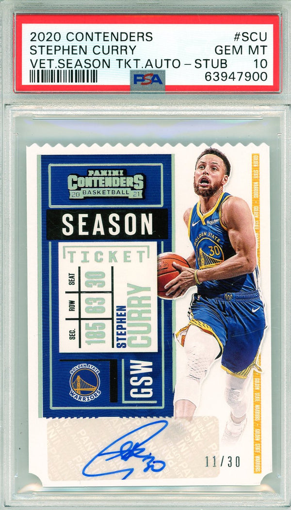 Steph Curry Autographed 2020 Panini Contenders Vet Season Ticket Card #SCU (PSA Gem Mint 10)