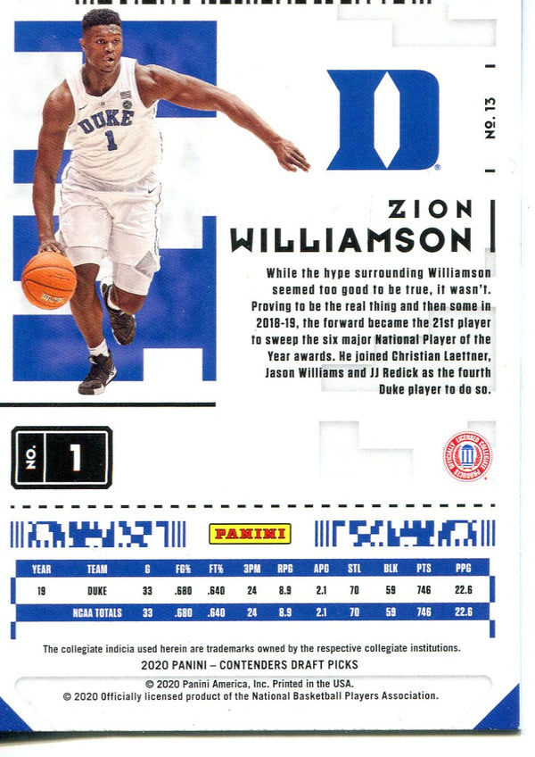 Zion Williamson 2020 Panini Contenders Draft Picks Card