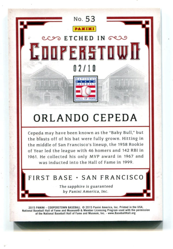 Orlando Cepeda 2015 Panini Etched in Cooperstown Sapphire Card #53 02/10