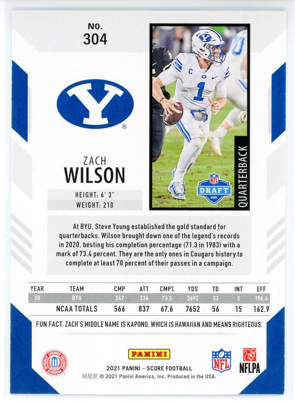 Zach Wilson 2021 Panini Score Rookie Card #304