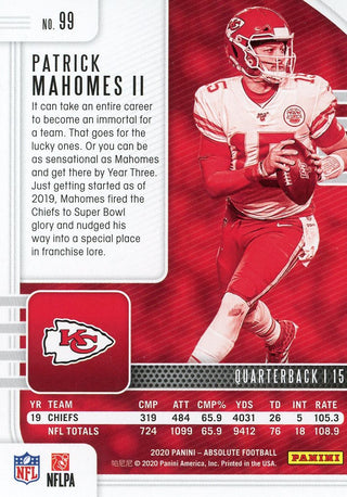 Patrick Mahomes II 2020 Panini Absolute Card