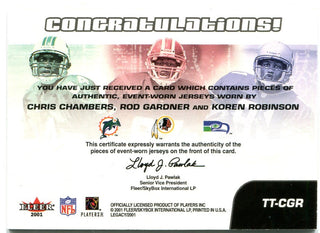 Chris Chambers Rod Gardner Koren Robinson Fleer Legacy Triple Threads Jersey Card 2001