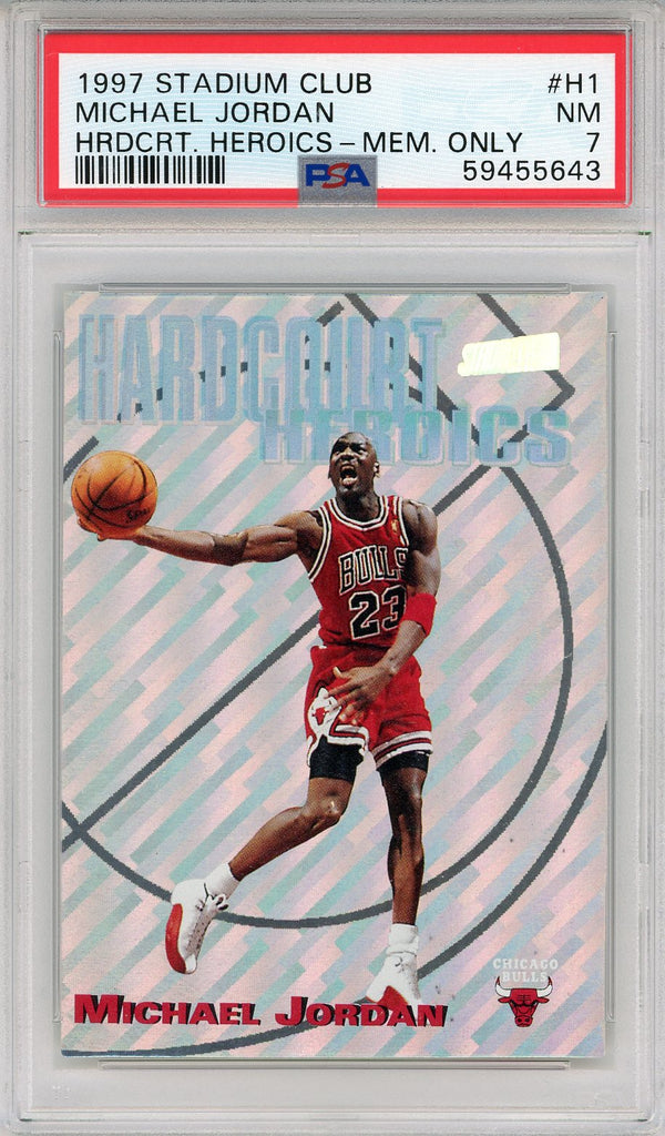 Michael Jordan 1997 Topps Stadium Club Hardcourt Heroics Members Only Card #H1 (PSA NM 7)