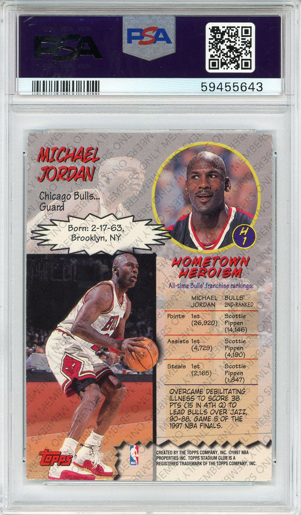 Michael Jordan 1997 Topps Stadium Club Hardcourt Heroics Members Only Card #H1 (PSA NM 7)