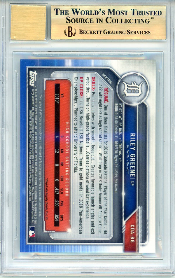 Riley Greene Autographed 2019 Bowman Chrome Draft 1st Bowman Rookie Card #CDARG (BGS 9.5/10)