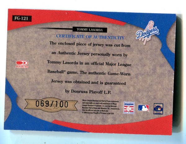 Tommy Lasorda 2005 Donruss Leaf Certified Fabric #FG121 Card 69/100