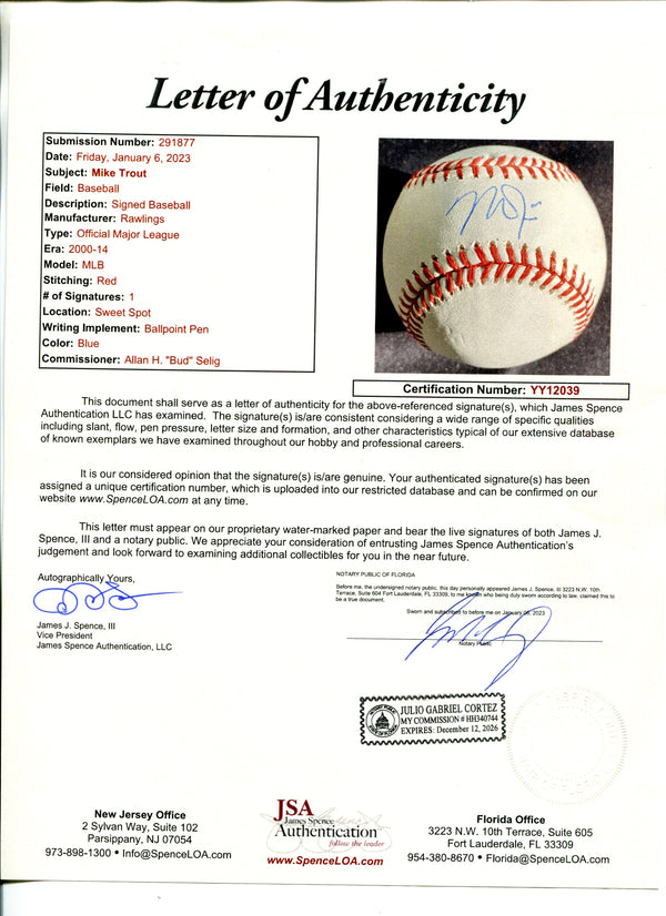 Mike Trout Autographed Major League Baseball (JSA)