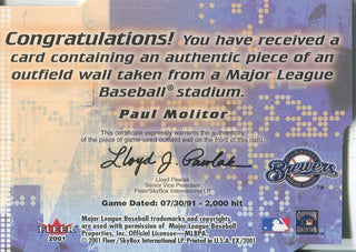 Paul Molitor 2001 Fleer Jersey Card