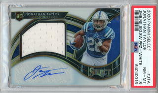 Jonathan Taylor Autographed 2020 Panini Select Jumbo Patch White Prizm Rookie Card #JTA (PSA NM-MT 8)